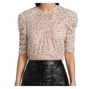 VERONICA BEARD Bocke Floral Blouse 100% Cotton Tan Beige Neutral Size XS
